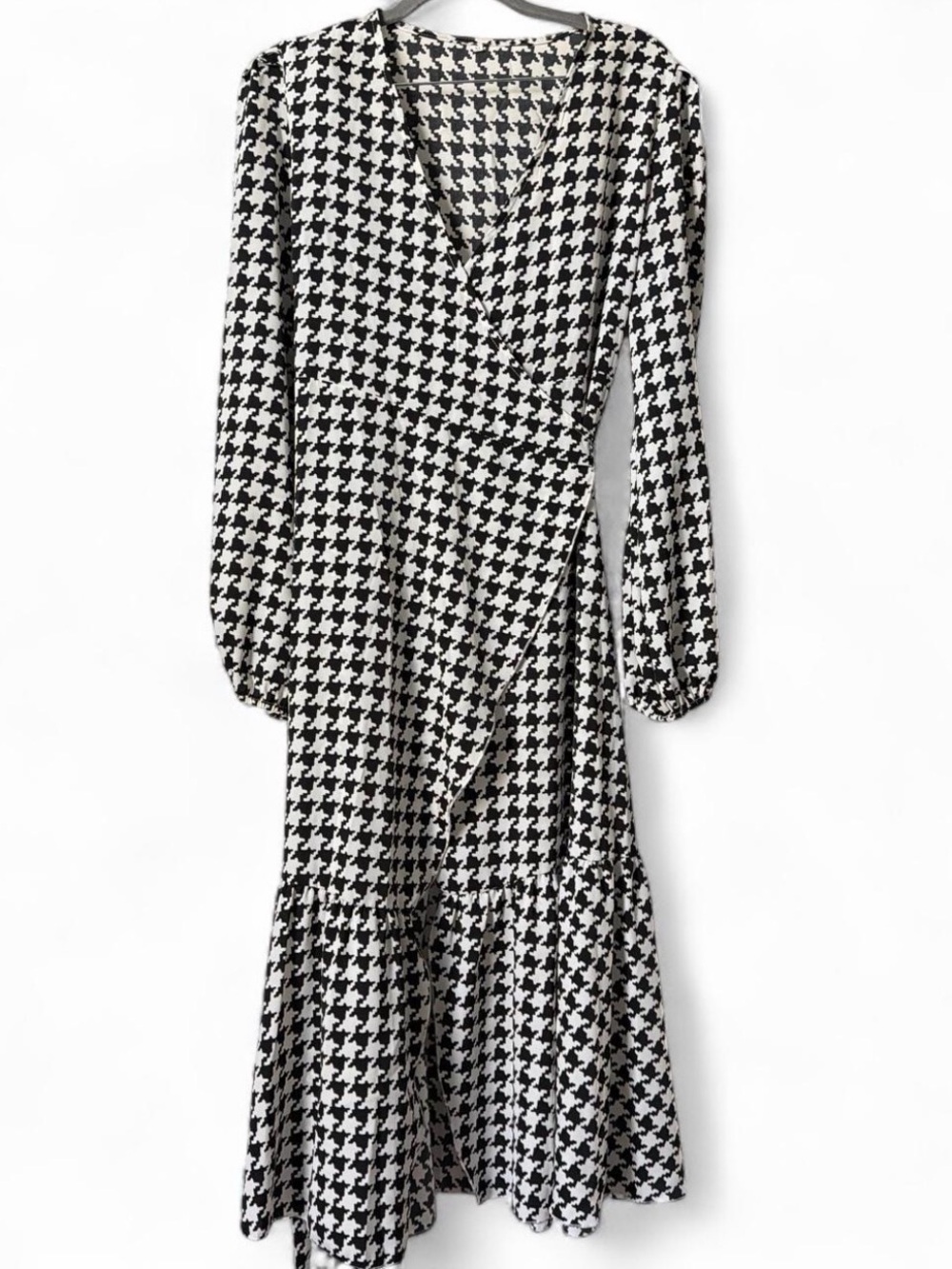 SHEIN Medium Black & White Houndstooth Faux-Wrap Midi Dress
